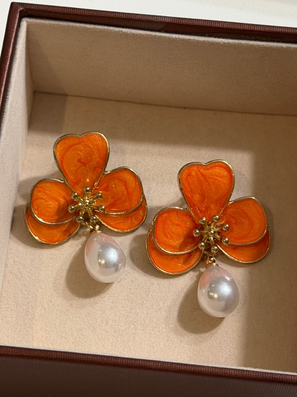 Golden Orange Oil Dripping Flower Teardrop Faux Pearl Dangle Earrings